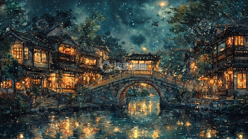 高清大图下载【趣麦麦图】夜晚古镇
