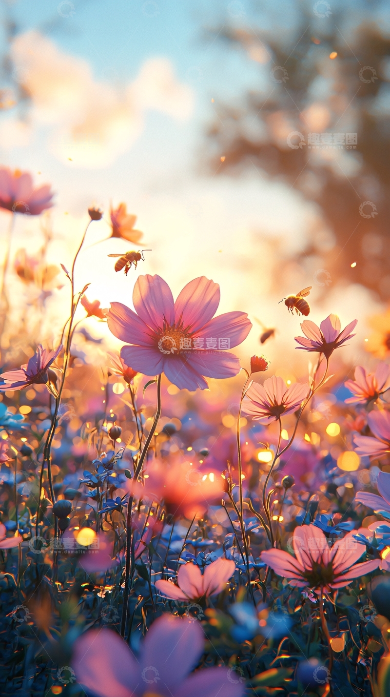 高清大图下载【趣麦麦图】粉色花朵与蜜蜂在阳光下