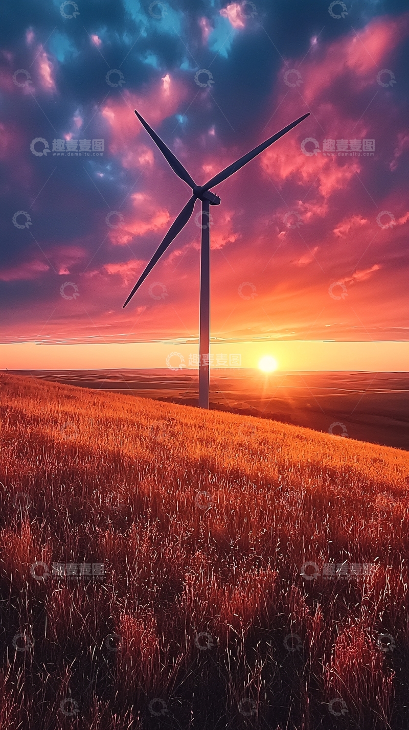 高清大图下载【趣麦麦图】风力涡轮机在日落时分