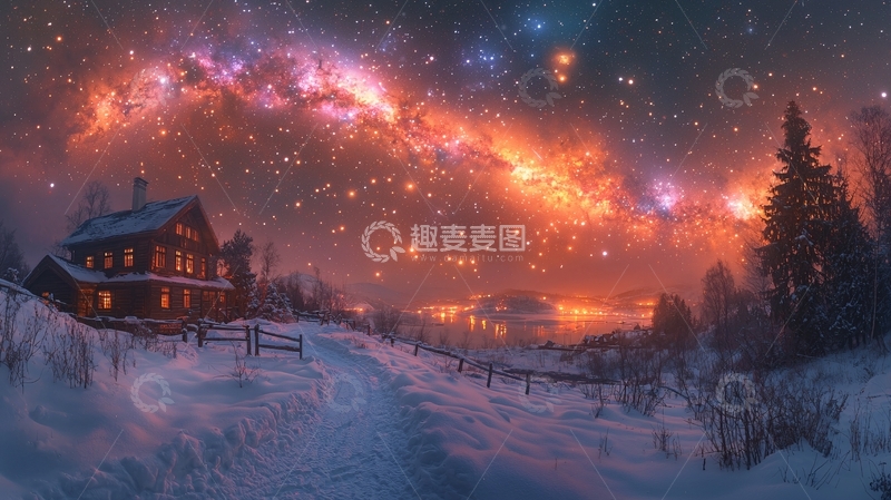 高清大图下载【趣麦麦图】星空下的雪景小屋