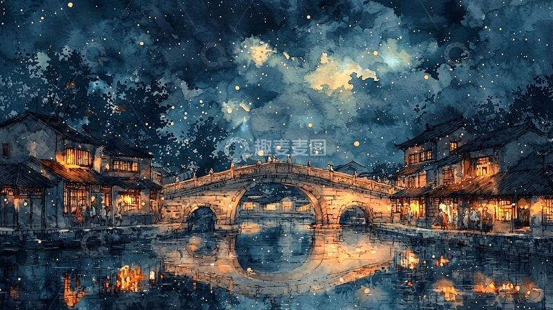 高清大图下载【趣麦麦图】夜色下的古镇石桥