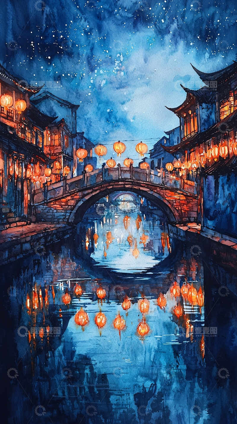 高清大图下载【趣麦麦图】夜晚水乡古镇灯笼桥梁