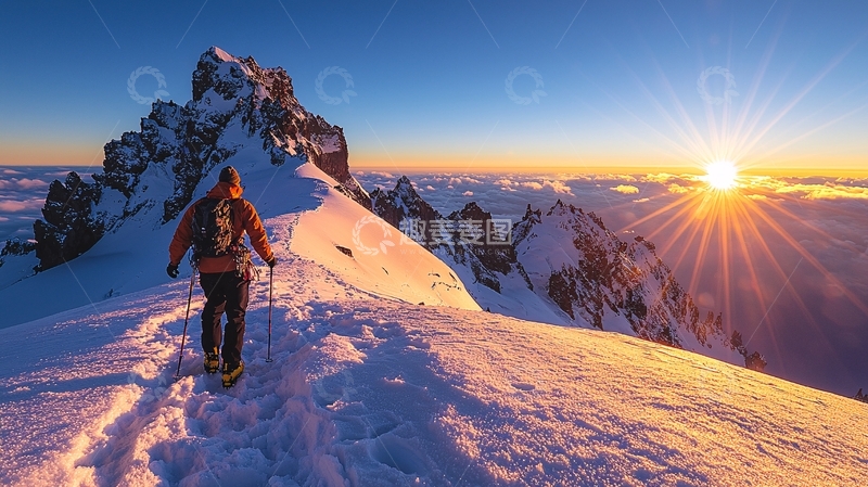 高清大图下载【趣麦麦图】雪山日出徒步者