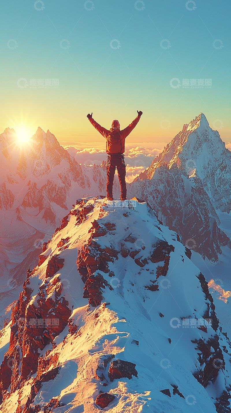 高清大图下载【趣麦麦图】登山者日出雪山峰顶