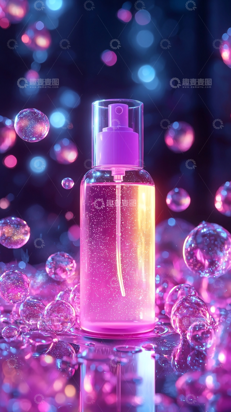 高清大图下载【趣麦麦图】粉色液体瓶与透明气泡背景