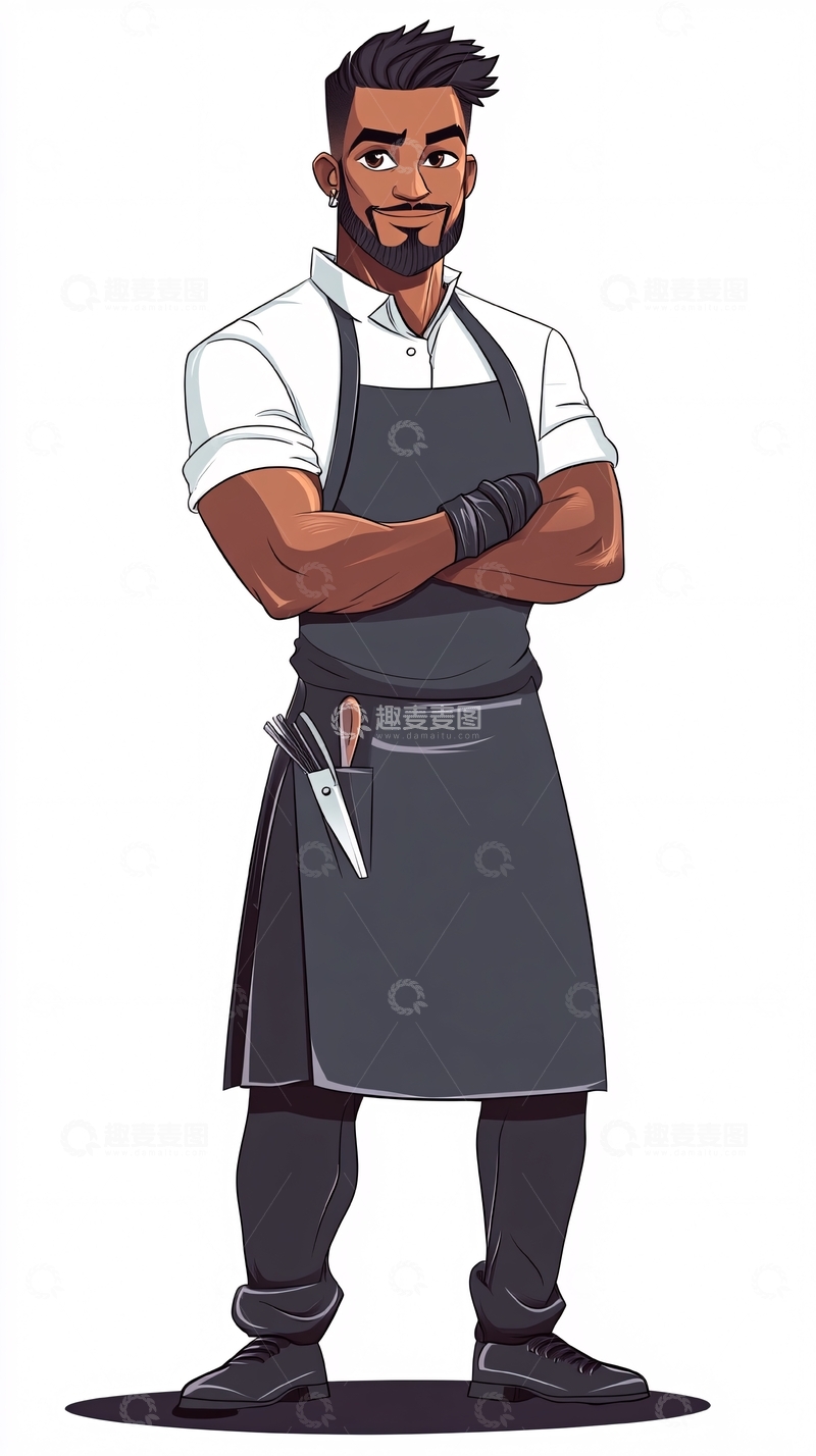 高清大图下载【趣麦麦图】交叉手臂的男性理发师卡通