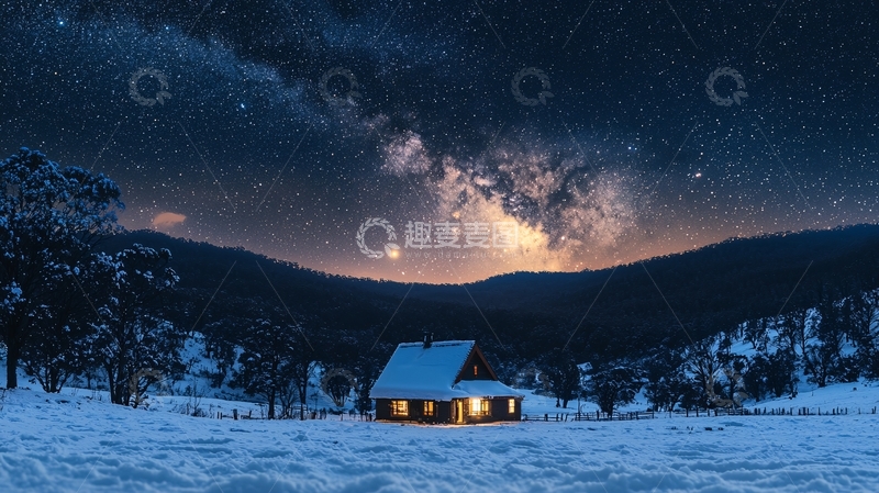 高清大图下载【趣麦麦图】雪夜小屋星空