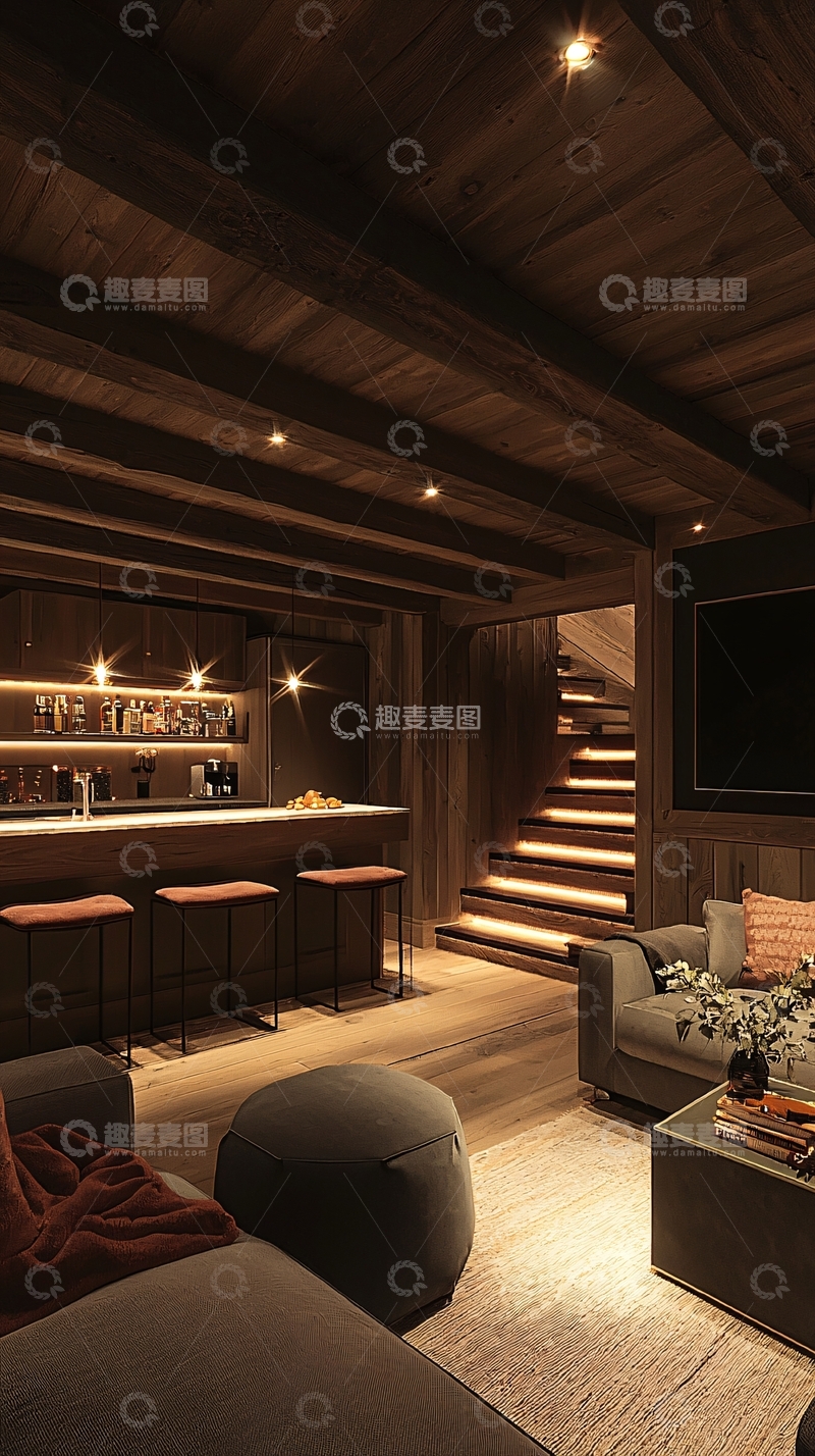 高清大图下载【趣麦麦图】暗色系木质家庭影院