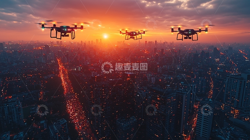 高清大图下载【趣麦麦图】日落城市上空三架无人机