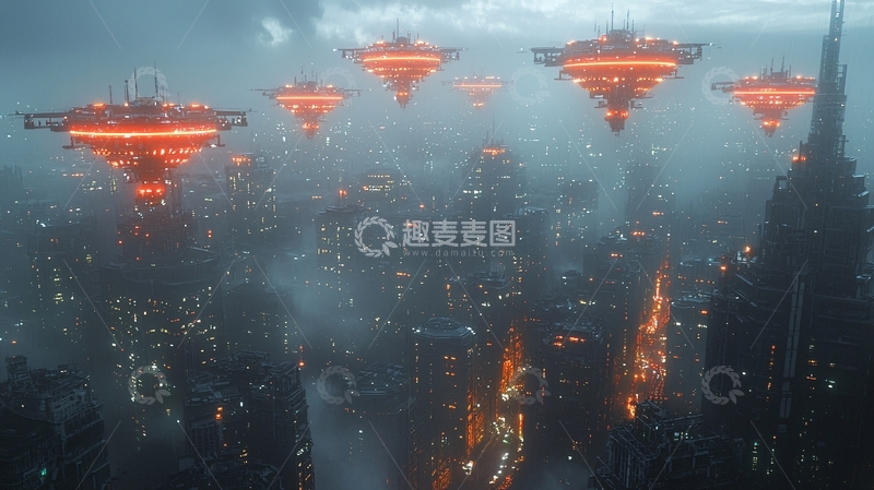 高清大图下载【趣麦麦图】未来都市雨夜飞船