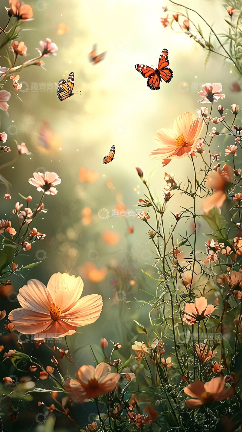 高清大图下载【趣麦麦图】阳光下花丛中飞舞的蝴蝶