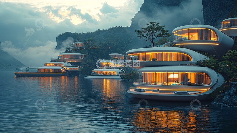 高清大图下载【趣麦麦图】未来科技感湖边别墅群