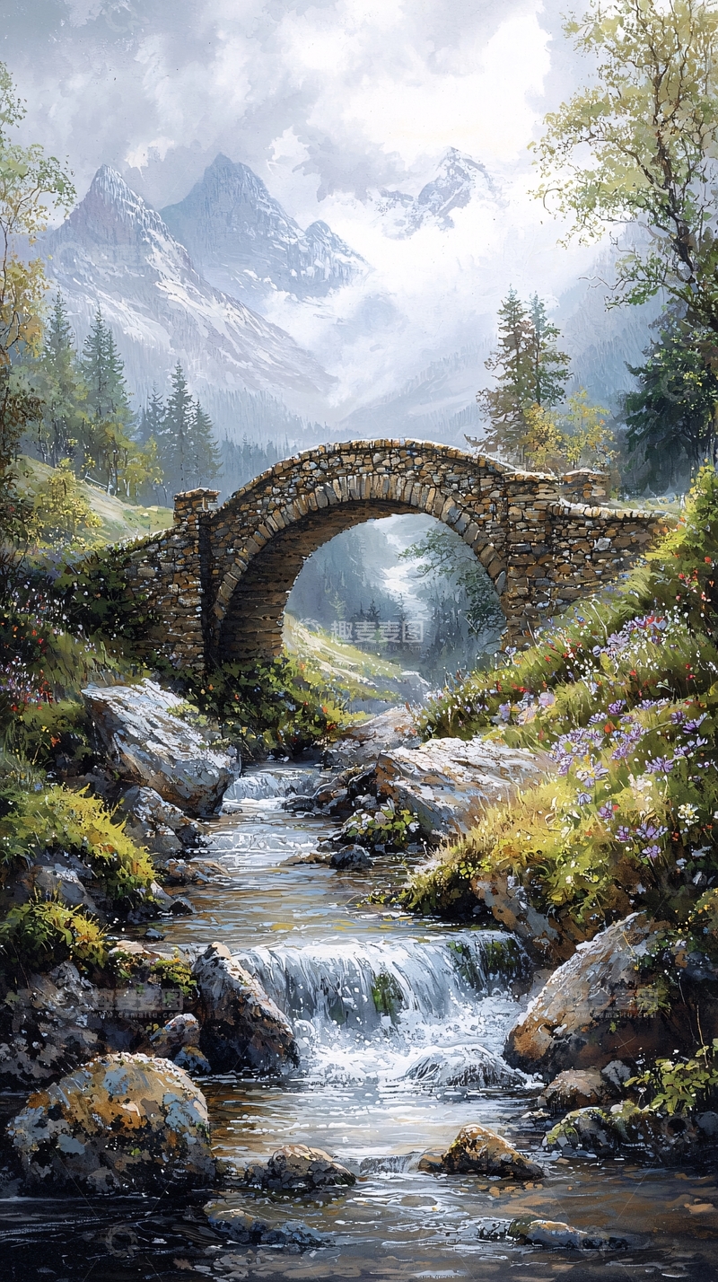 高清大图下载【趣麦麦图】山间小桥流水