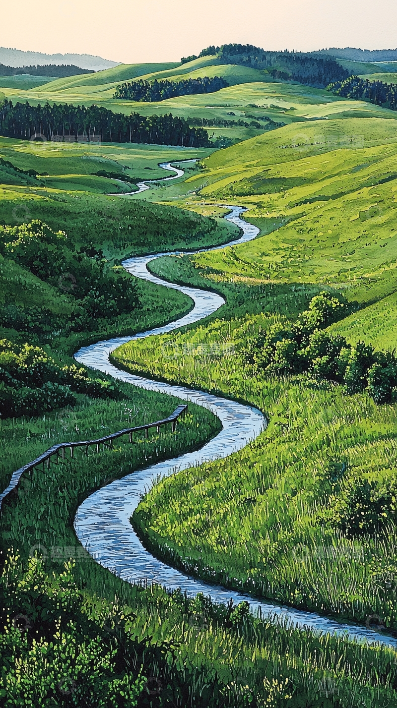 高清大图下载【趣麦麦图】蜿蜒河流绿地草原