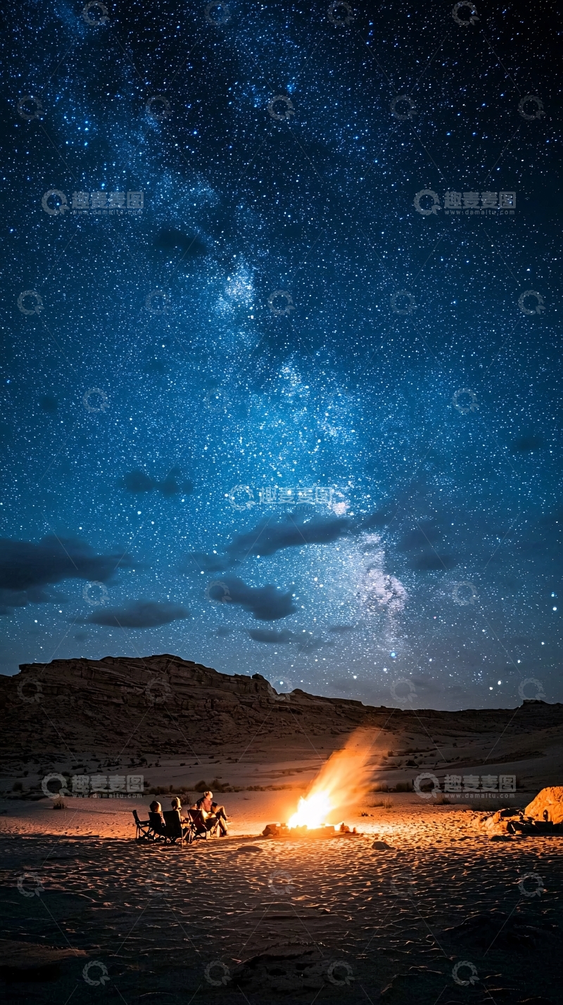 高清大图下载【趣麦麦图】星空篝火沙漠夜景