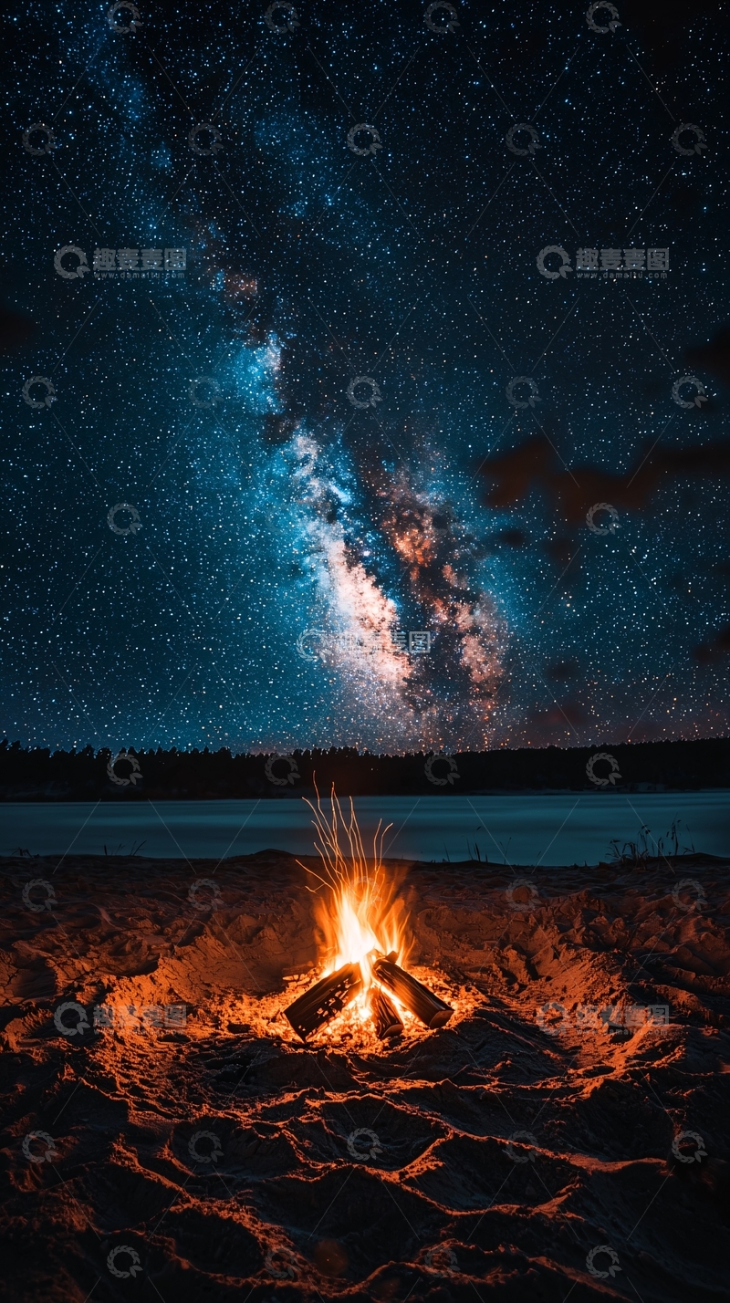 高清大图下载【趣麦麦图】星空下篝火闪耀着温暖光芒