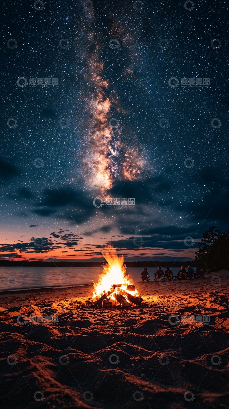 高清大图下载【趣麦麦图】篝火星空下的海滩夜景