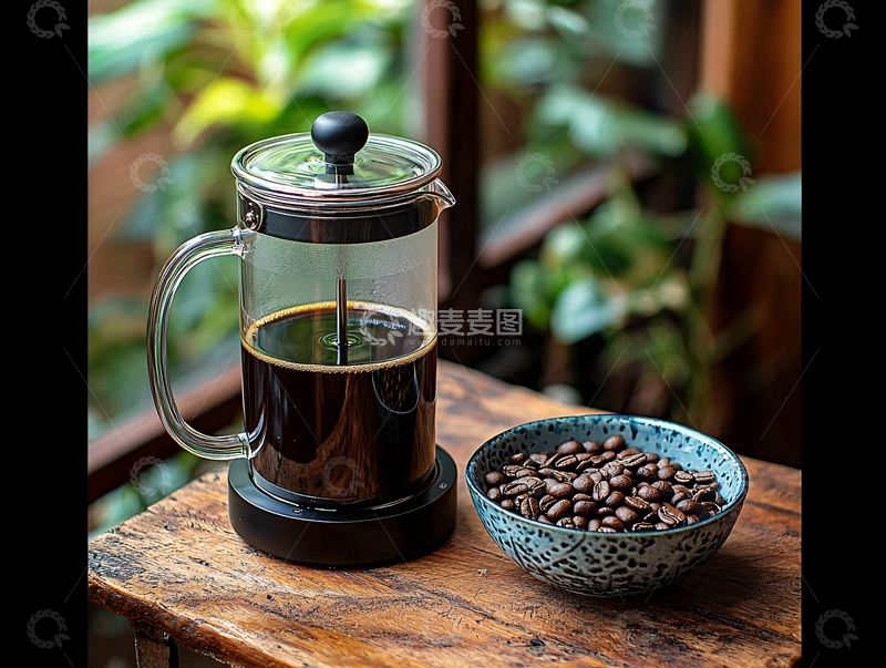 高清大图下载【趣麦麦图】法式滤压壶咖啡和咖啡豆