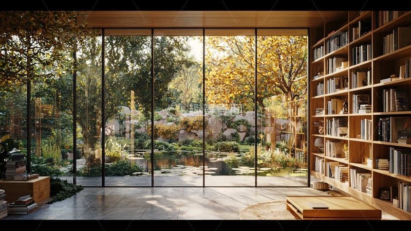 高清大图下载【趣麦麦图】极简风格落地窗书房