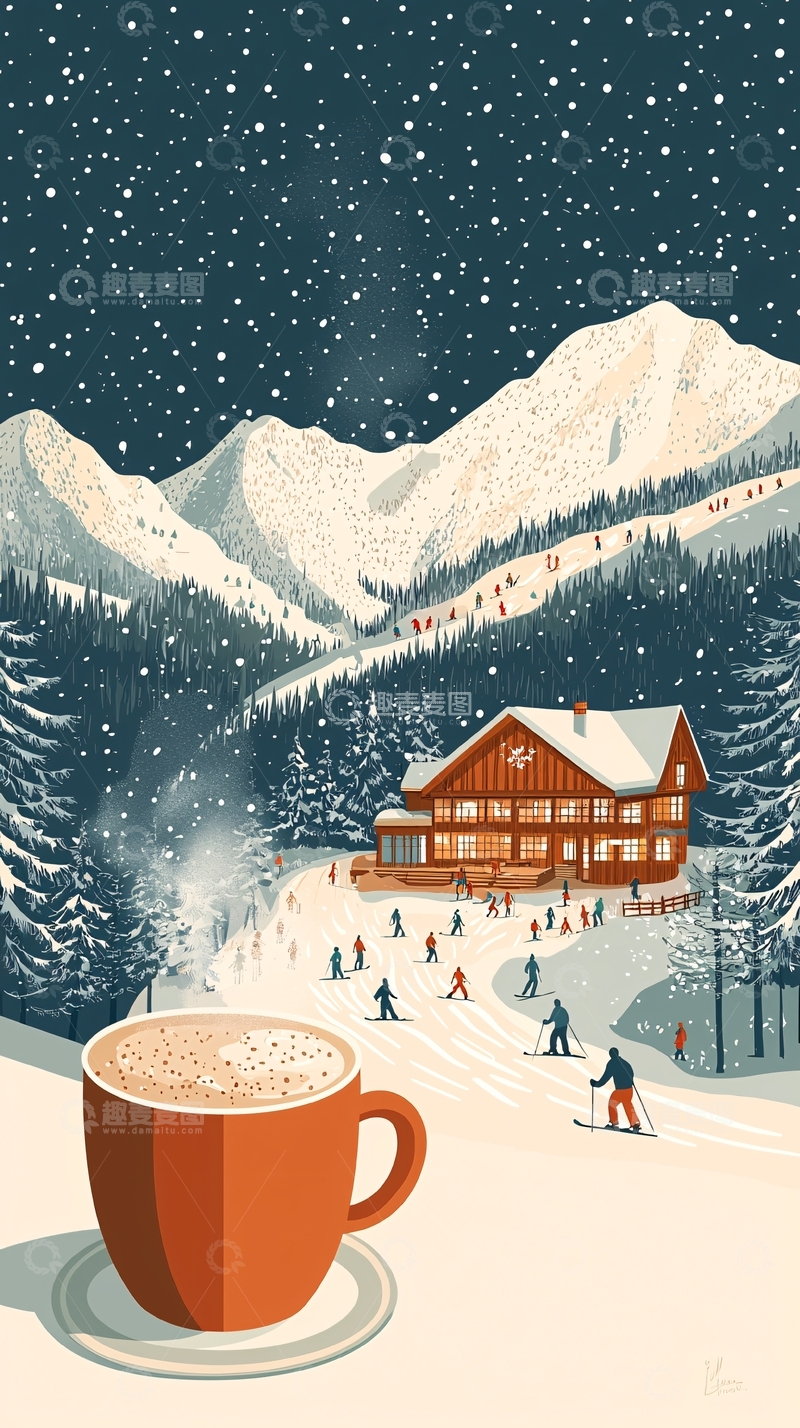 高清大图下载【趣麦麦图】雪山滑雪场咖啡一杯