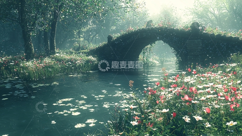 高清大图下载【趣麦麦图】古桥流水花海