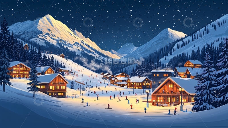 高清大图下载【趣麦麦图】冬日雪山星空下的小镇