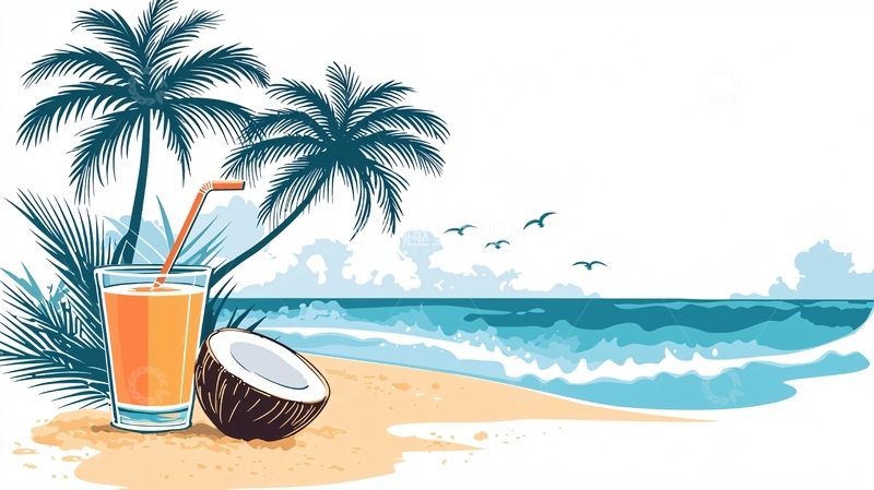 高清大图下载【趣麦麦图】海滩椰树果汁休闲