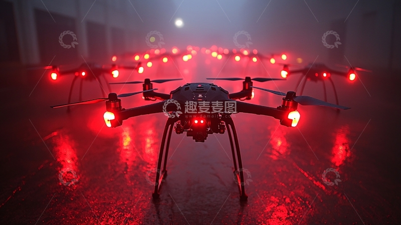 高清大图下载【趣麦麦图】红光闪烁的无人机群