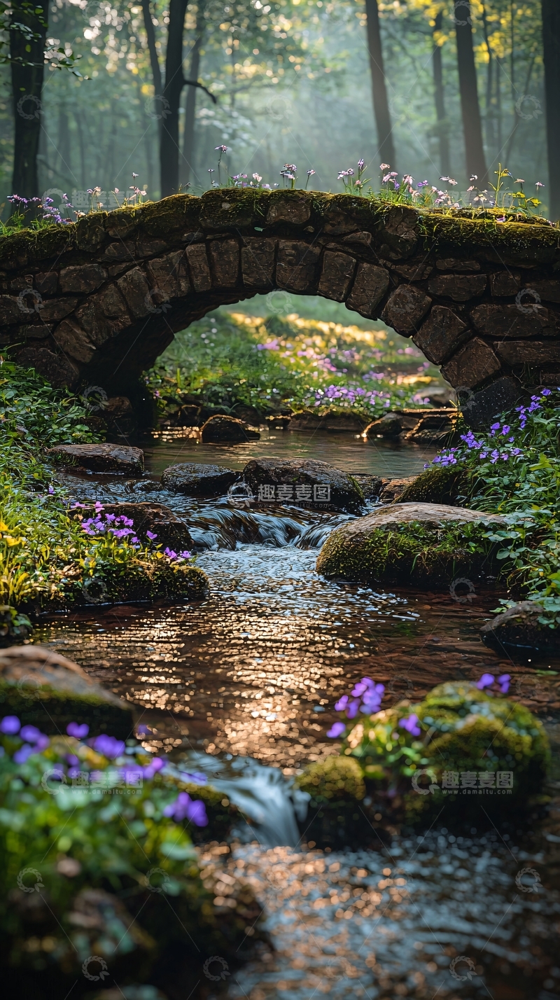 高清大图下载【趣麦麦图】森林小溪石桥