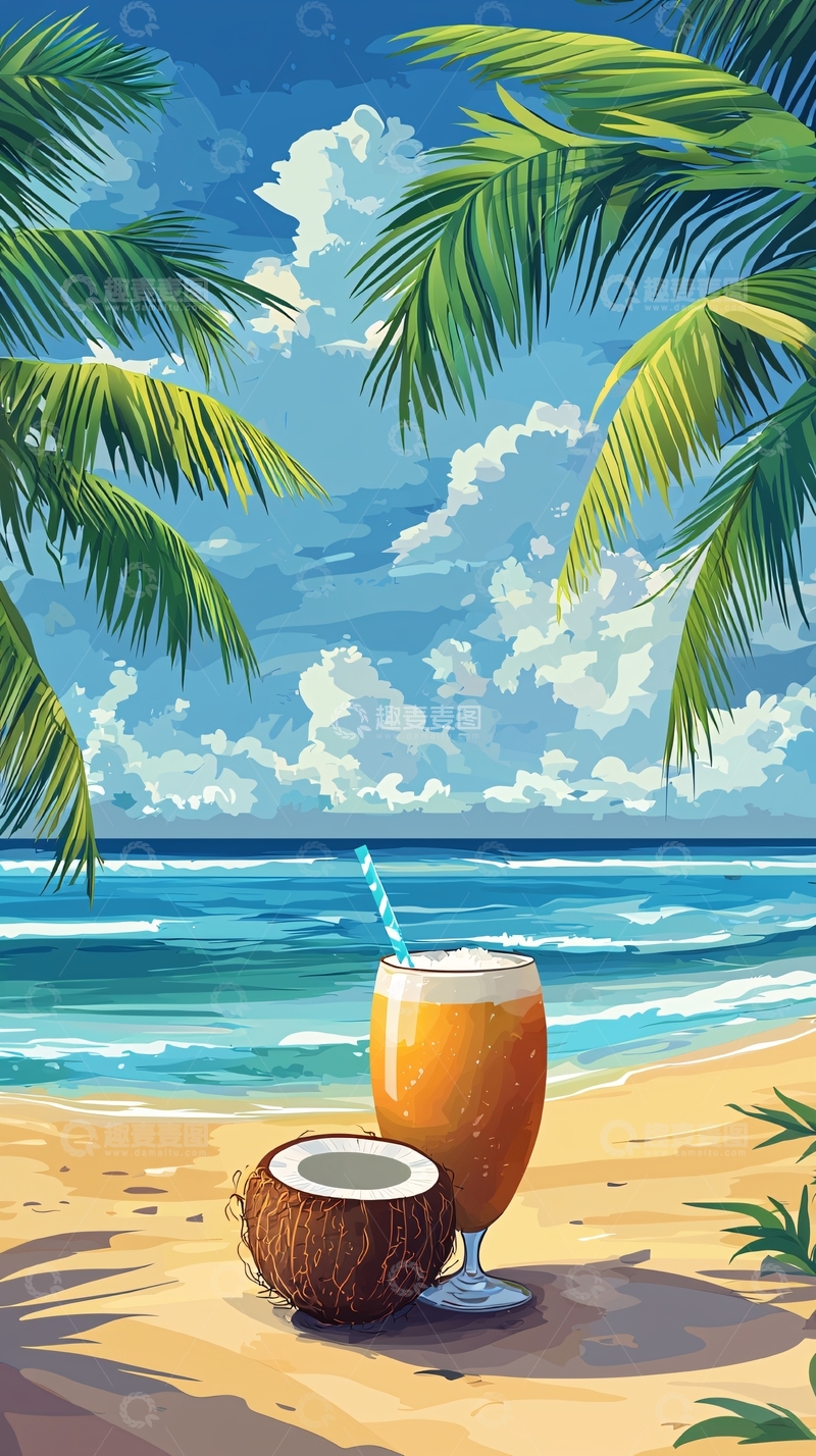 高清大图下载【趣麦麦图】热带海滩椰子饮料