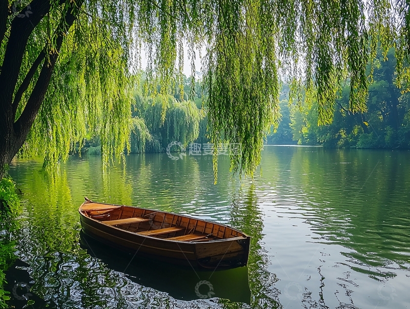 高清大图下载【趣麦麦图】垂柳下的小木船