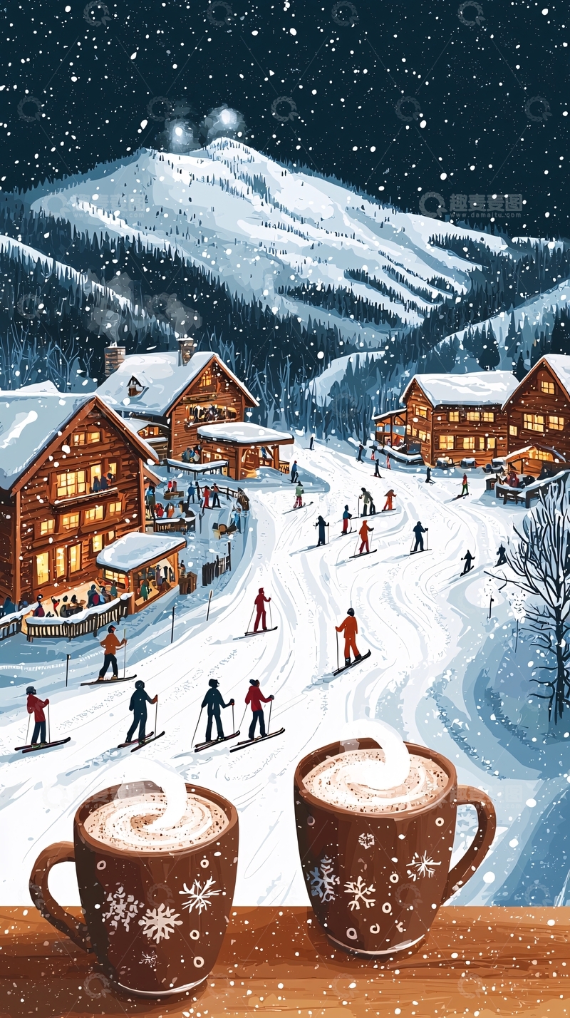 高清大图下载【趣麦麦图】雪夜山村夜景