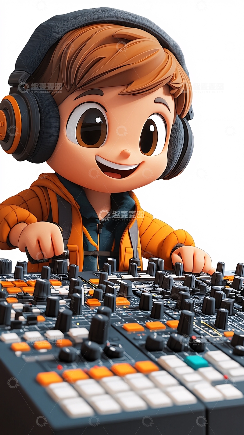 高清大图下载【趣麦麦图】可爱卡通男孩戴耳机打碟