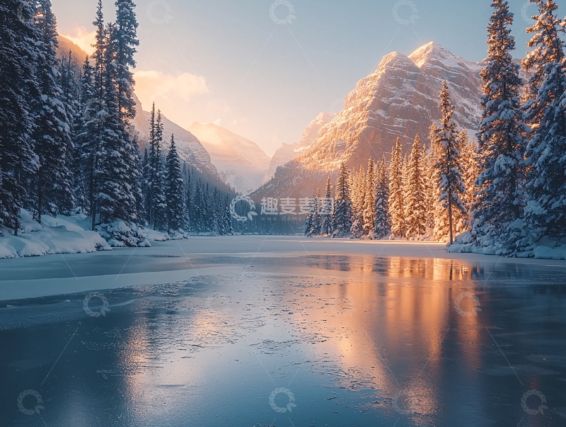 高清大图下载【趣麦麦图】冰雪覆盖的湖面和森林