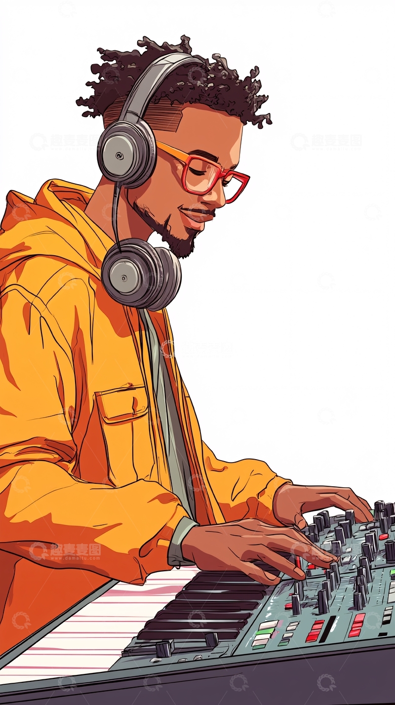 高清大图下载【趣麦麦图】戴耳机演奏合成器的音乐人