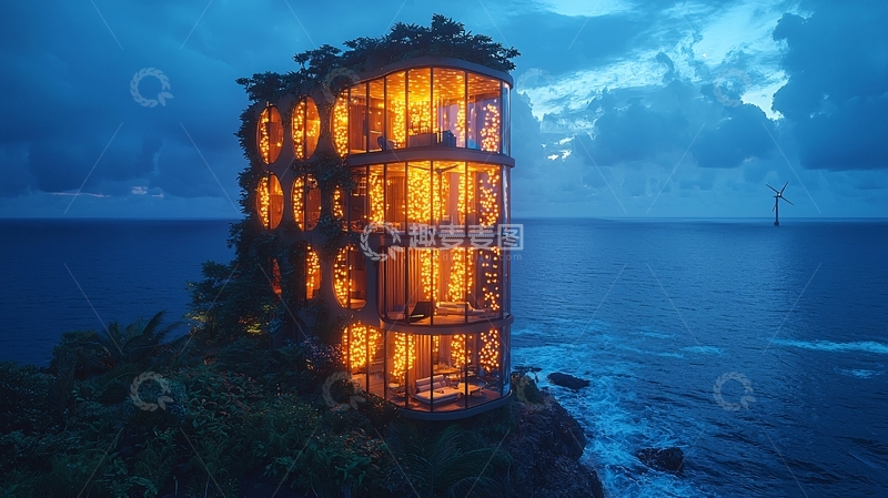高清大图下载【趣麦麦图】海边发光圆柱形建筑