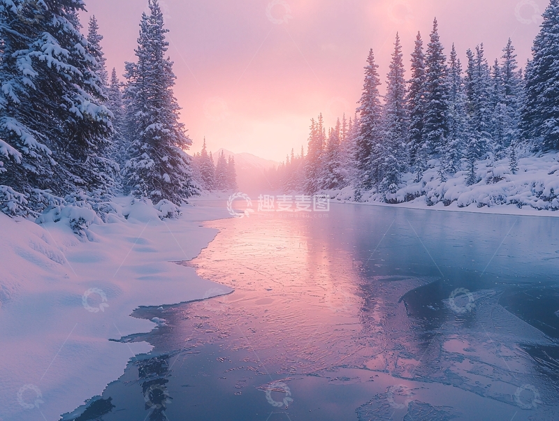 高清大图下载【趣麦麦图】冬季粉色日出时的冰冻河流