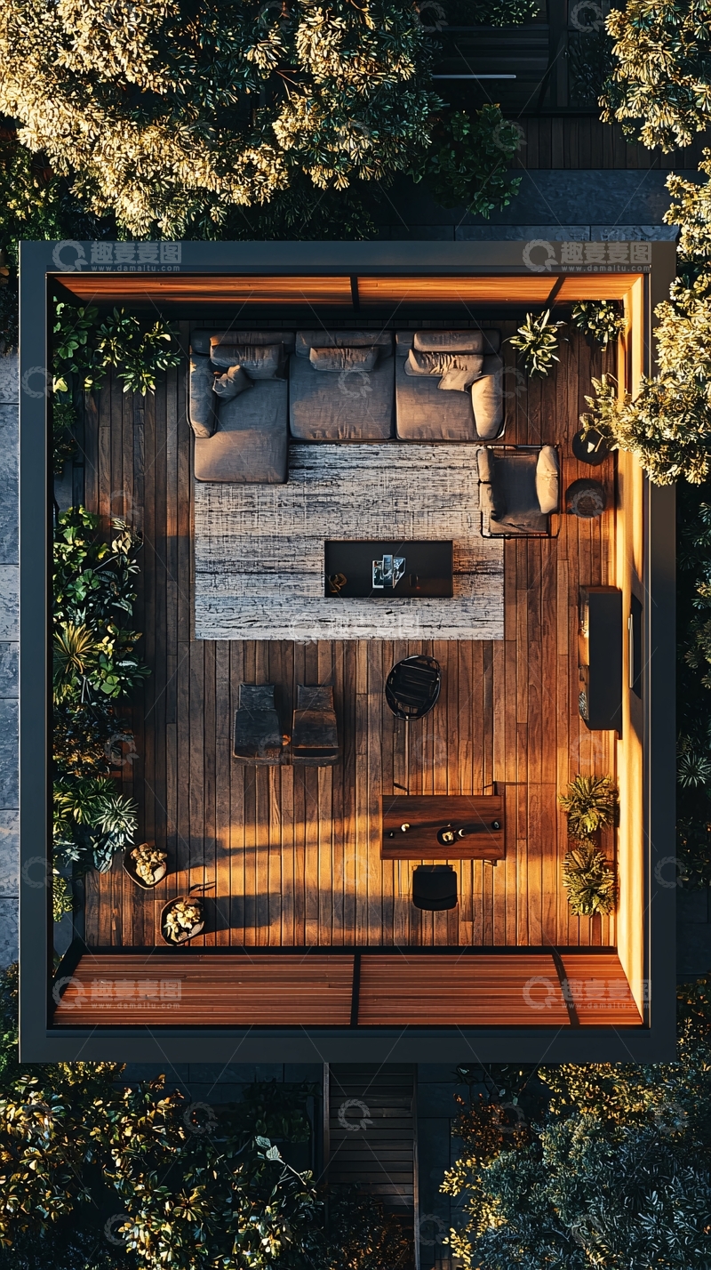 高清大图下载【趣麦麦图】空中俯瞰现代木质露台