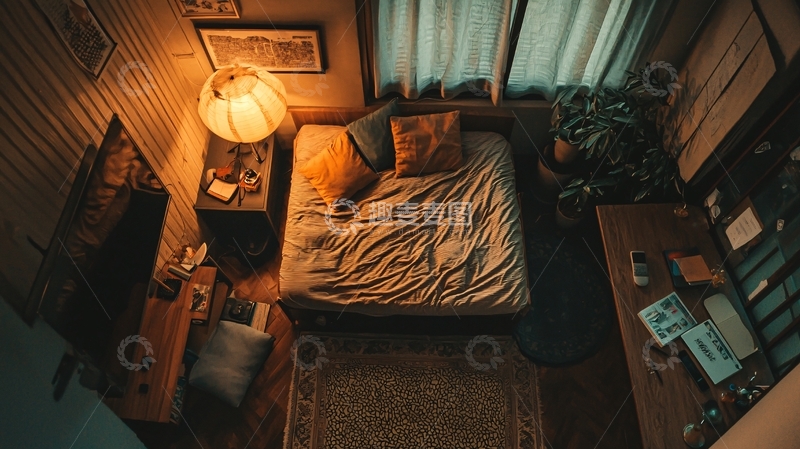 高清大图下载【趣麦麦图】温暖昏黄卧室俯瞰图