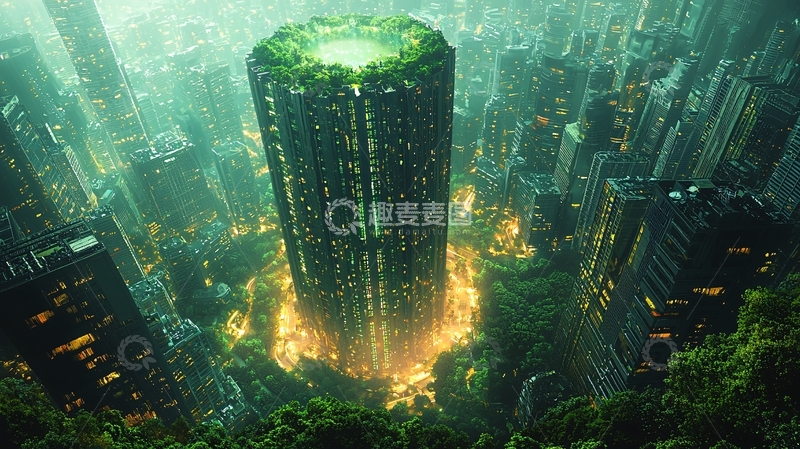 高清大图下载【趣麦麦图】绿植环绕的未来都市高塔