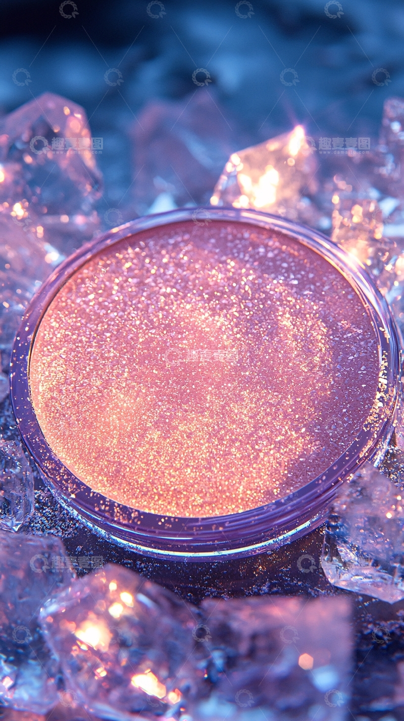高清大图下载【趣麦麦图】闪光粉色眼影与冰块的静物特写