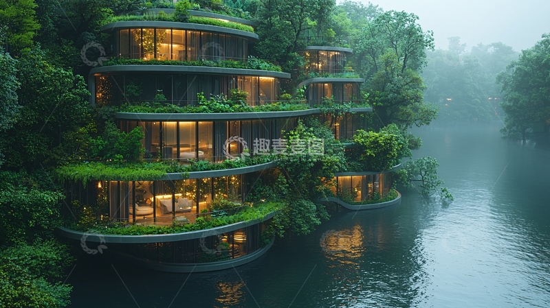 高清大图下载【趣麦麦图】环抱绿意的水上酒店