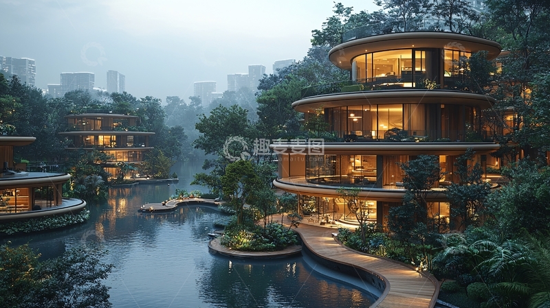 高清大图下载【趣麦麦图】环抱森林的木质环形建筑