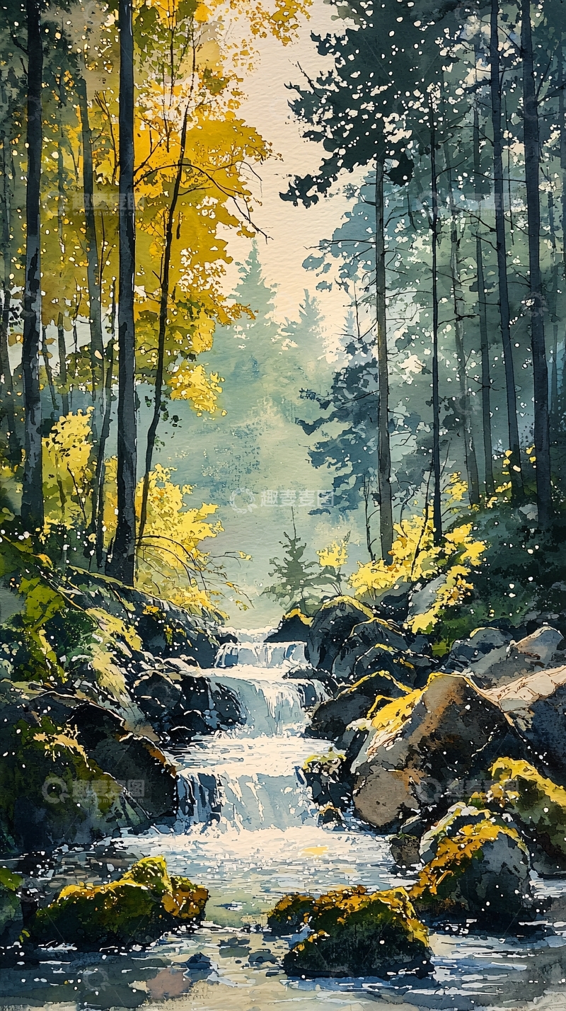 高清大图下载【趣麦麦图】森林溪流水彩画