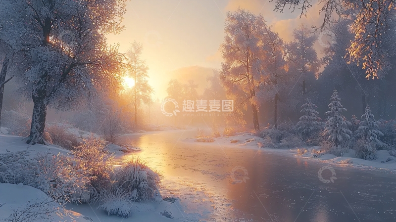 高清大图下载【趣麦麦图】冬日清晨雾气河边树林日出