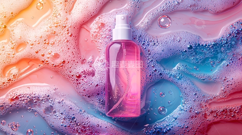 高清大图下载【趣麦麦图】粉色液体瓶子在彩色泡沫上
