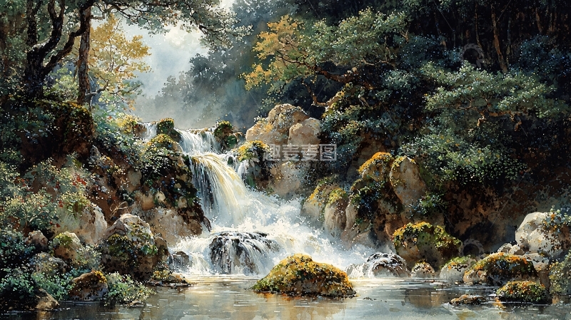 高清大图下载【趣麦麦图】山间瀑布风景画