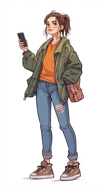 拿着手机的卡通女孩