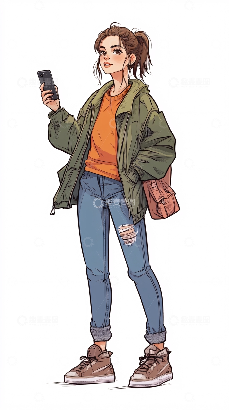 高清大图下载【趣麦麦图】拿着手机的卡通女孩