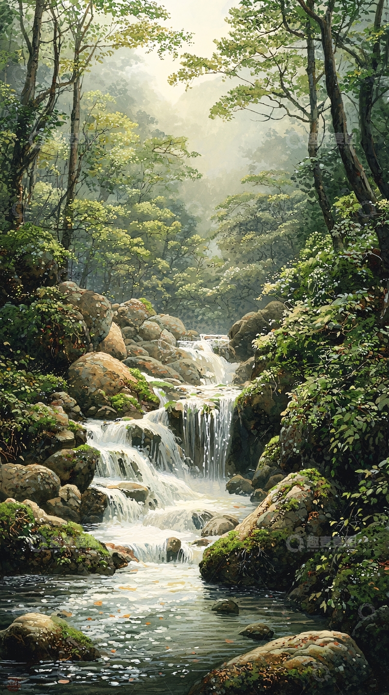 高清大图下载【趣麦麦图】茂密森林中的溪流瀑布